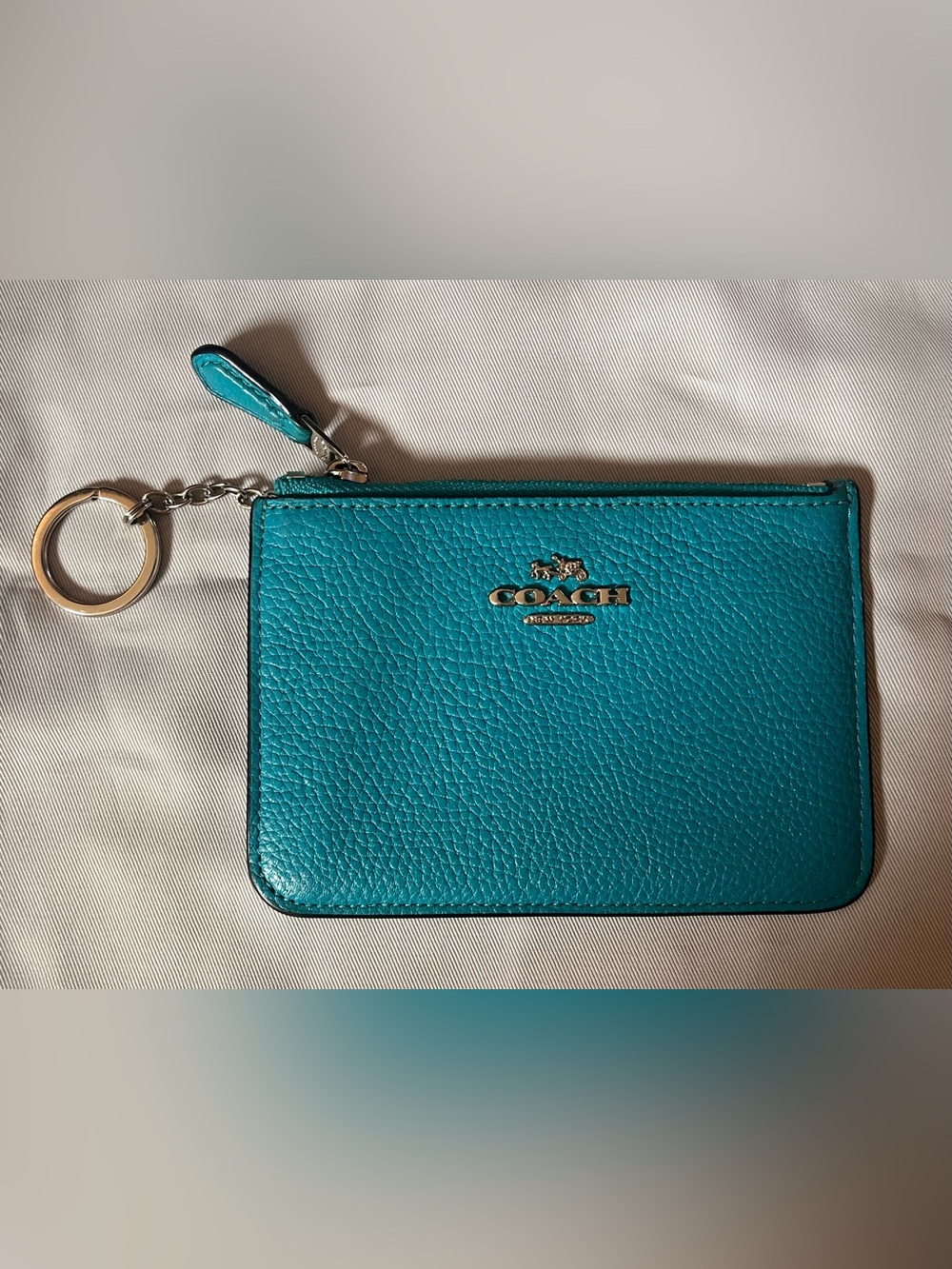 Coach Turquoise Pebbled Leather Zip Card Case with Key Ring